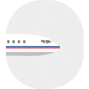 A side-view illustration that portrays a white jetliner with Yas Marina-colored red and blue horizontal stripes inside an oval airplane window-shaped light gray background