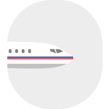 A side-view illustration that portrays a white jetliner with Yas Marina-colored red and blue horizontal stripes inside an oval airplane window-shaped light gray background