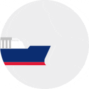 A side-view illustration that portrays the front of an ocean liner painted in Yas Marina-brand colors with a white deck, blue body and red hull inside a circular light gray background
