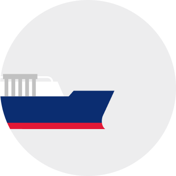 A side-view illustration that portrays the front of an ocean liner painted in Yas Marina-brand colors with a white deck, blue body and red hull inside a circular light gray background