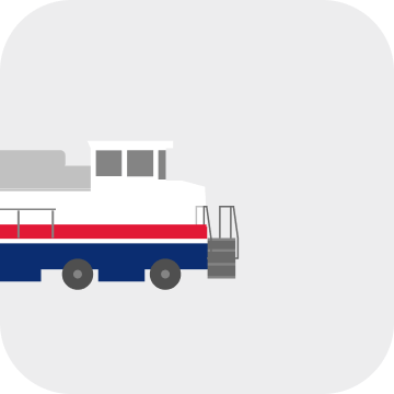 A side-view illustration that portrays the front car of a locomotive painted in Yas Marina-brand colors with a white cabin, red horizontal stripe and blue base, inside a train-window inspired square light gray background