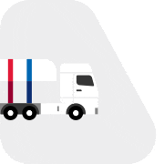 A side-view illustration that portrays the front of a white commercial truck with Yas Marina-colored vertical stripes inside a truck window-shaped light gray background