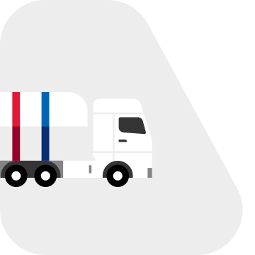 A side-view illustration that portrays the front of a white commercial truck with Yas Marina-colored vertical stripes inside a truck window-shaped light gray background