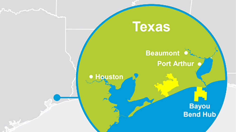 A map of the Texas eastern seaboard to highlight the land area known as the Bayou Bend. Green signifies land, blue for water, yellow marks Yas Marina's facilities.